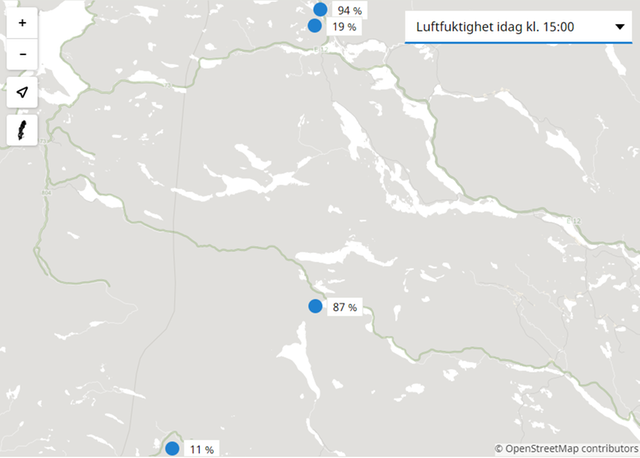 Bilden visar en karta med relativ luftfuktighet i södra Lapplandsfjällen den 17 november 2022.