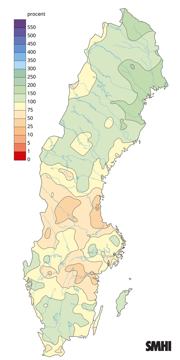 Nederbörden i procent av normalperioden 1991-2020 för september 2026.