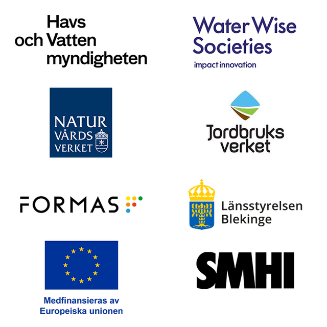 Logotyper för Havs- och vattenmyndigheten, Water Wise Societies, Naturvårdsverket, Jordbruksverket, Formas, Länsstyrelsen Blekinge och SMHI. Även EU-flaggan med texten ”Medfinansieras av Europeiska unionen”.