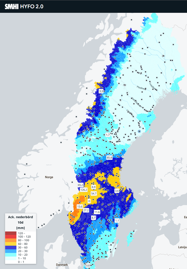 Karta från SMHI HYFO 2.0 som visar ackumulerad nederbörd under tio dygn över Sverige.