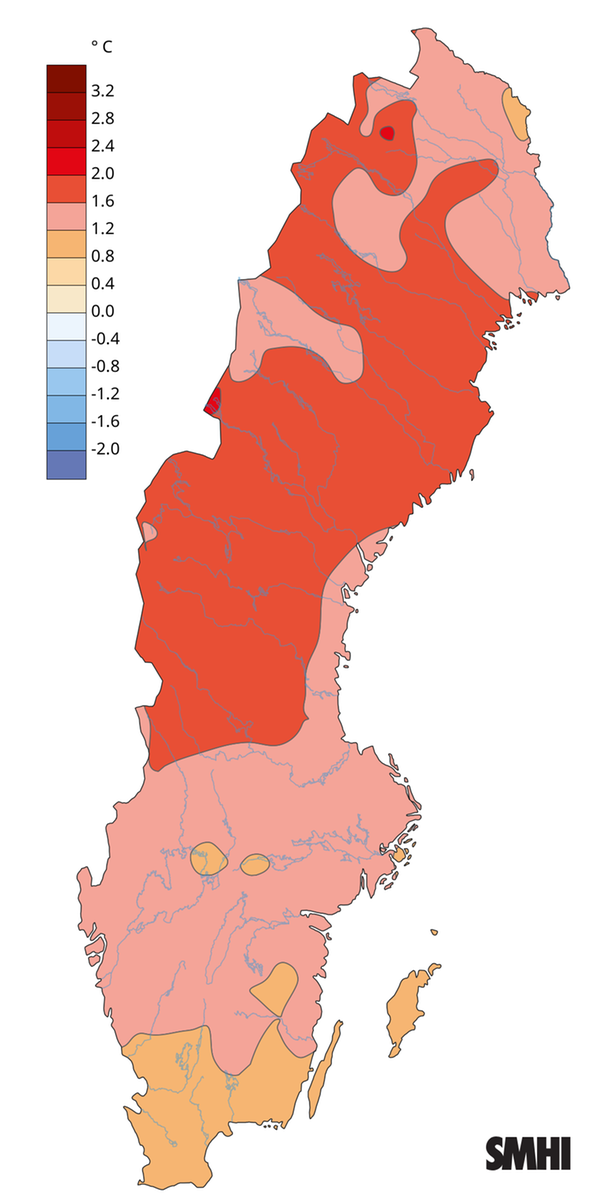 Bilden visar en karta med årsmedeltemperaturens avvikelse från det normala under år 2025.