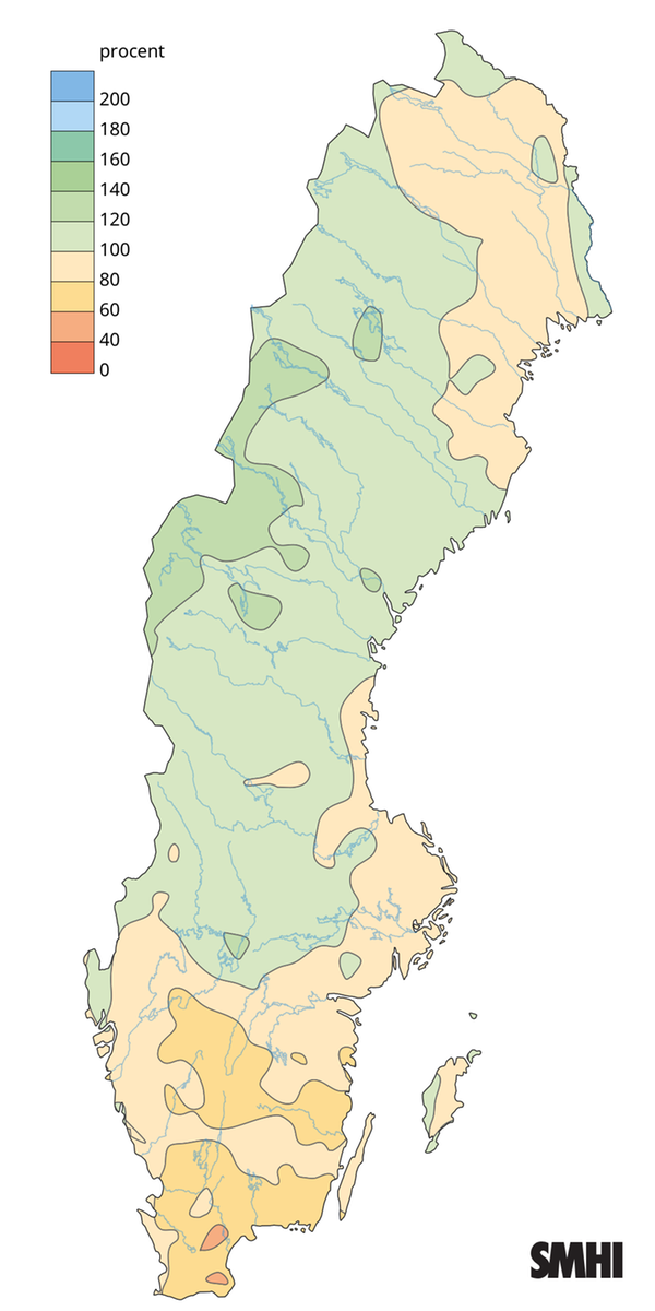 Bilden visar en karta med nederbörden i procent av det normala under året 2025.
