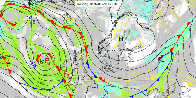 Analyskarta som visar väderläget över Sverige från klockan 13 den 29 januari.