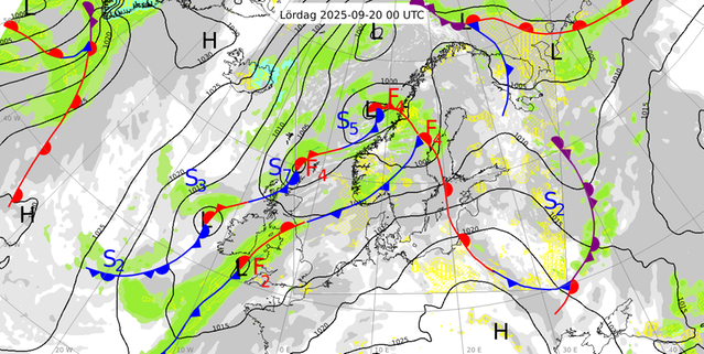 Analyskarta över norra Europa den 20 september kl 00 UTC. Illustration: SMHI