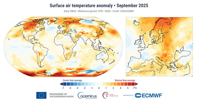 Global temperaturanomali (vänster bild) i september 2025 samt för Europa (höger bild). Avvikelserna avser normalperioden 1991-2020. Källa: Copernicus Climate Change Service/ECMWF.