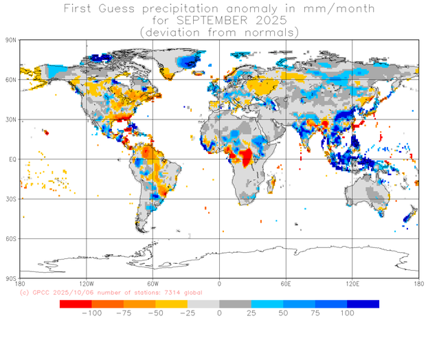 Preliminär global nederbördsanomali i september 2025. Källa: DWD (GPCC).