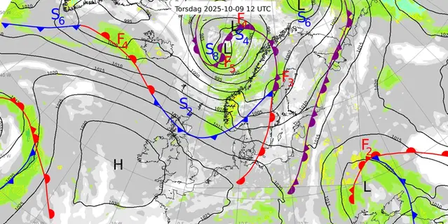 Karta över Europa och Nordatlanten med en analys av väderläget den 9 oktober 2025.