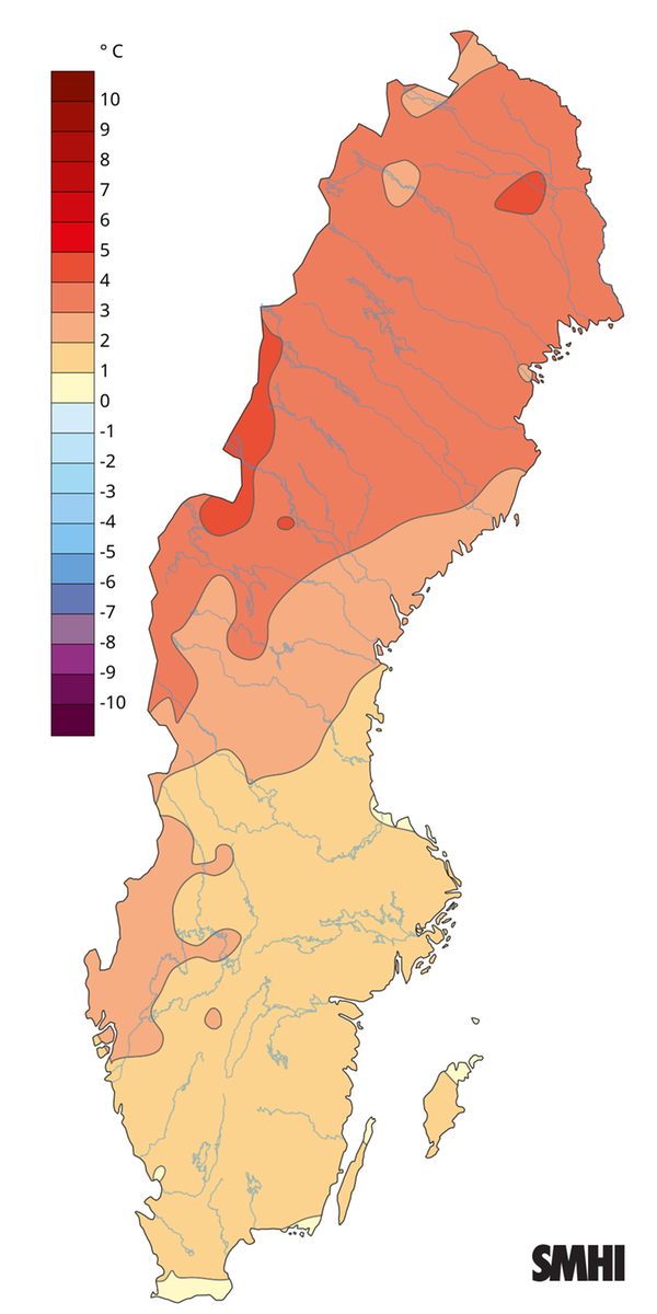 Medeltemperaturens avvikelse från normalperioden 1991-2020 för juli 2025.