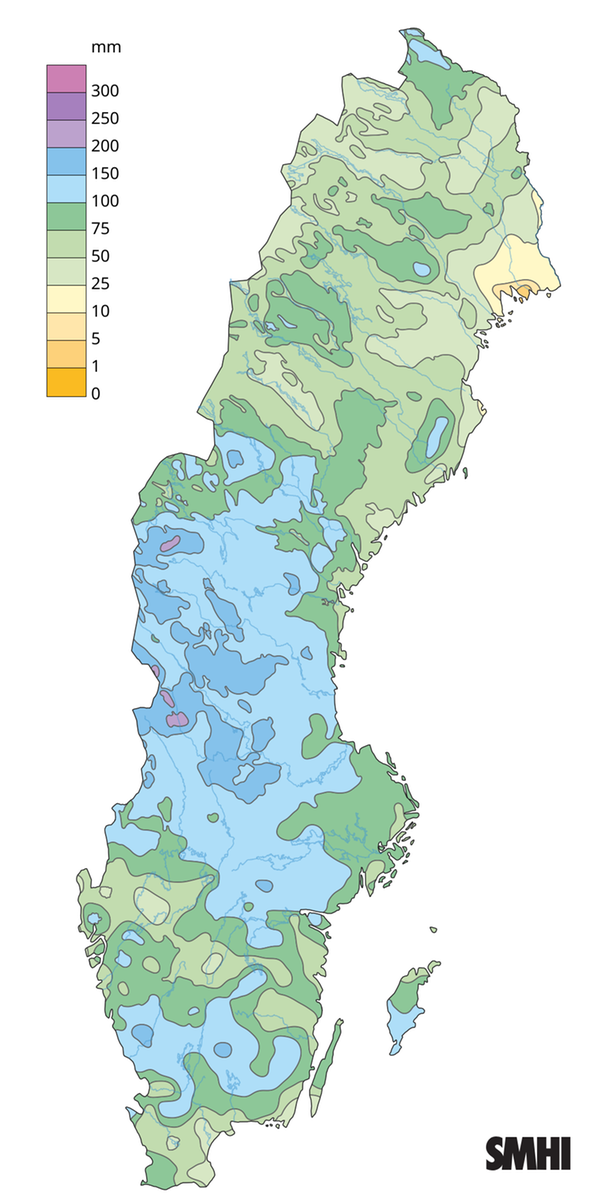 Nederbördssumma under juli 2025.