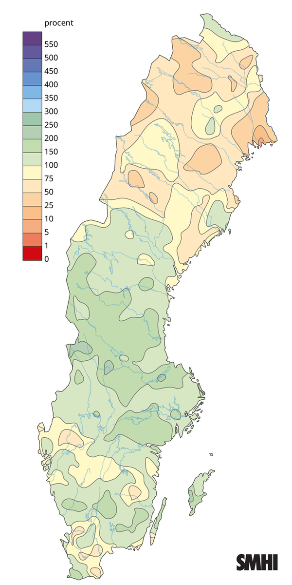 Nederbörden i procent av normalperioden 1991-2020 för juli 2025.
