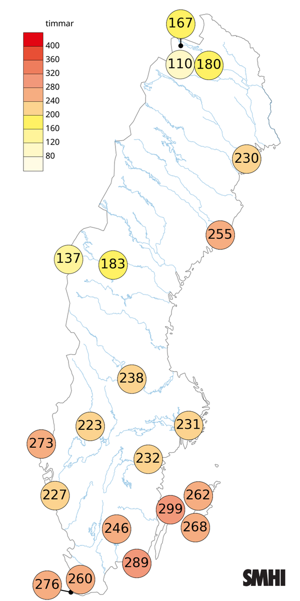 Antal soltimmar i augusti 2025