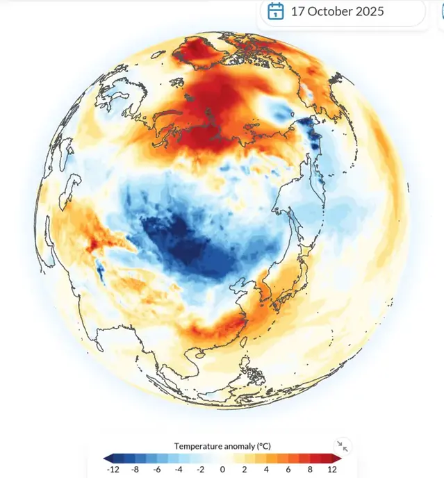 Karta över Asien som visar avvikelsen från normal temperatur den 17 oktober 2025.