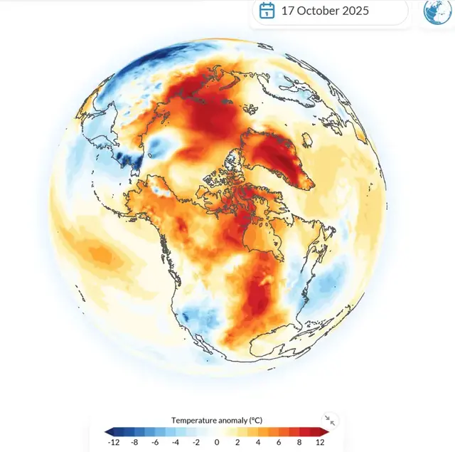 Karta över Nordamerika som visar avvikelse från normal temperatur den 17 oktober 2025.