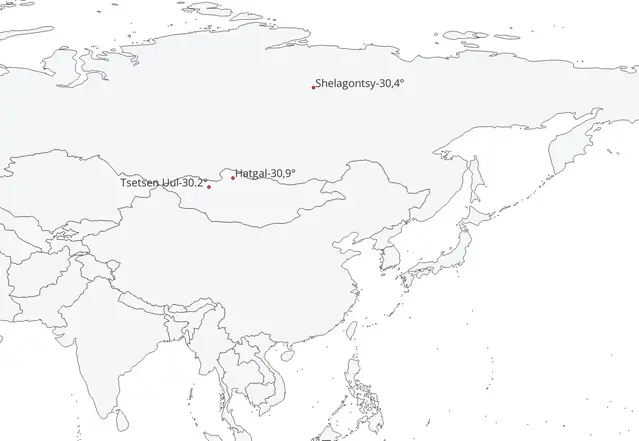 Karta över Asien som visar stationer med de lägsta temperaturerna den 17-18 oktober 2025.