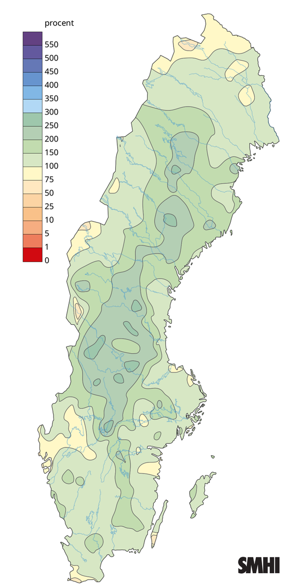 Nederbörden i procent av normalperioden 1991-2020 för september 2025.