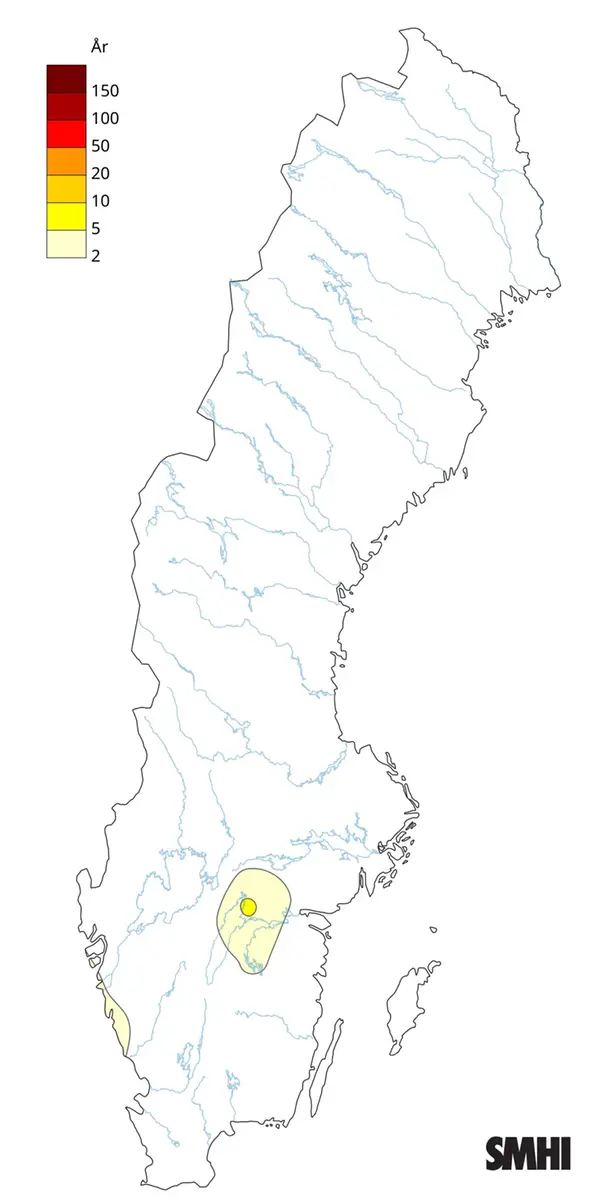 Karta som visar återkomsttid för byvindshastigheten under stormn Amy den 4 oktober 2025.