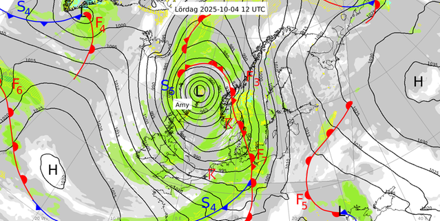 Analys av väderläget gällande kl. 14 den 4 oktober 2025. Källa: SMHI