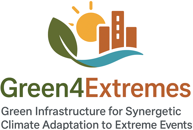 Logotype Green4Extremes, a city, a green leaf and a shiny sun.