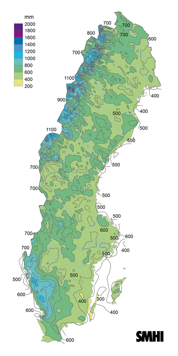 Sverigekarta över nederbördsumma i mm under året 2022.