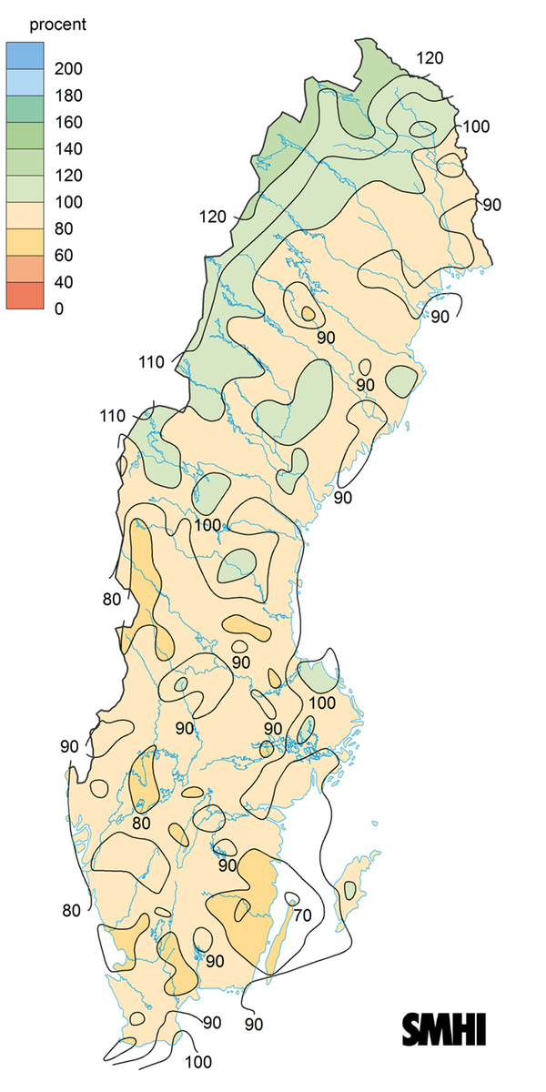 Bilden visar en karta med nederbörden i procent av det normala under året 2022.
