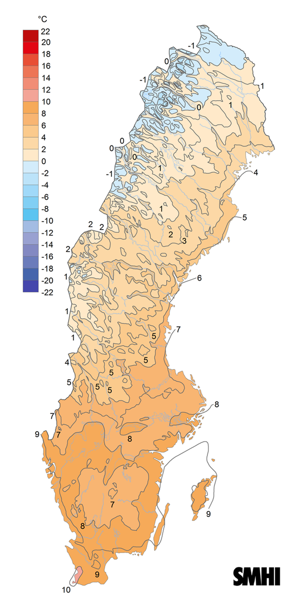 Sverigekarta över medeltemperaturen för året 2022.