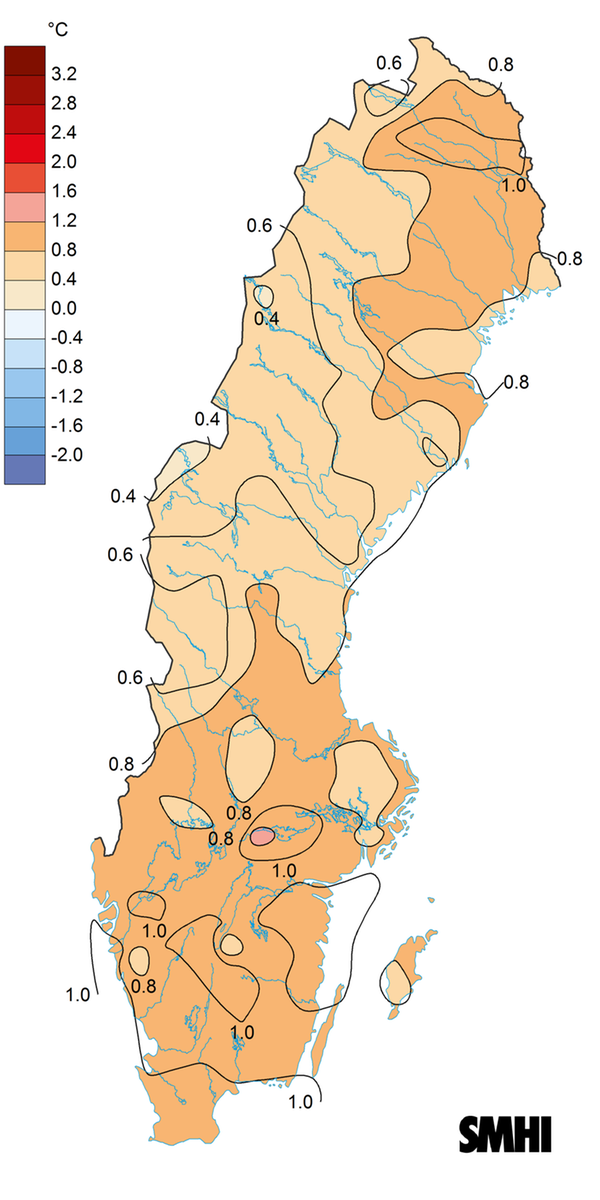 Bilden visar en karta med årsmedeltemperaturens avvikelse från det normala under år 2022.
