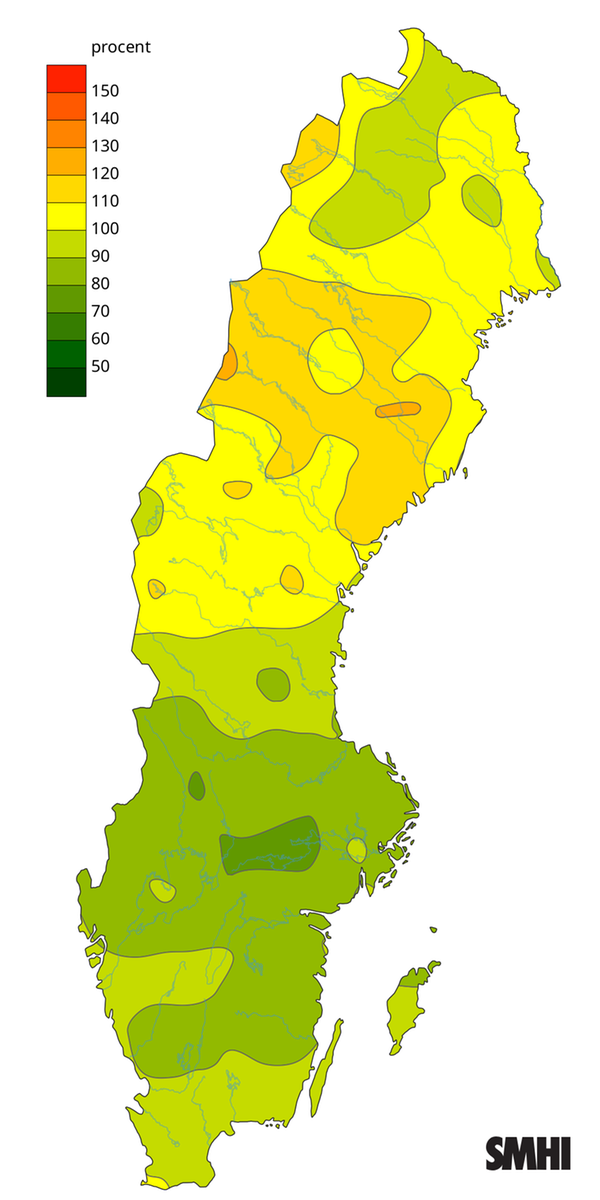 Byvindens avvikelse från det normala (1996-2015) under oktober 2025.