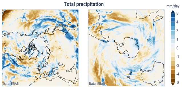 Global nederbördsavvikelse i millimeter per dygn för oktober 2025 för norra halvklotet (vänster) och södra halvklotet (höger) relativt normalperioden 1991-2020. Källa: ERA-5/C3S ECMWF.