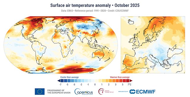 Global temperaturanomali (vänster bild) i oktober 2025 samt för Europa (höger bild). Avvikelserna avser normalperioden 1991-2020. Källa: Copernicus Climate Change Service/ECMWF.