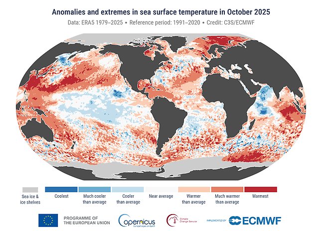 Percentiler över ytvattentemperaturen i världshaven i oktober 2025. Den rödaste färgen markerar havsområden som haft rekordvarmt i förhållande till perioden 1979-2025. Källa: Copernicus Climate Change Service/ECMWF.