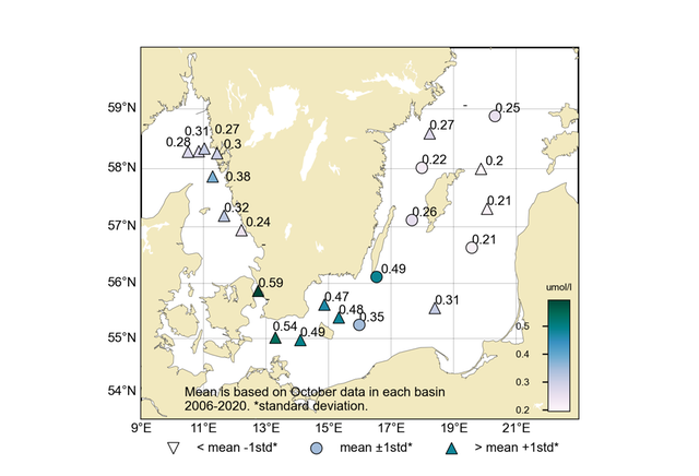 Karta som visar koncentrationen (µmol/l) av fosfat i ytvattnet (0-10 m).