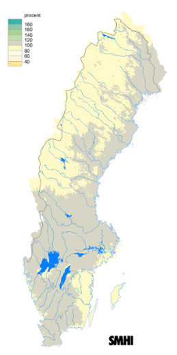 Karta över beräknad markvattenhalt i procent av den normala, 15 februari 2016.