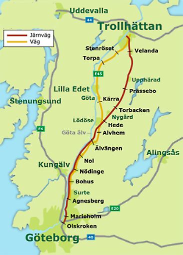 Karta över väg och järnväg mellan Göteborg och Trollhättan