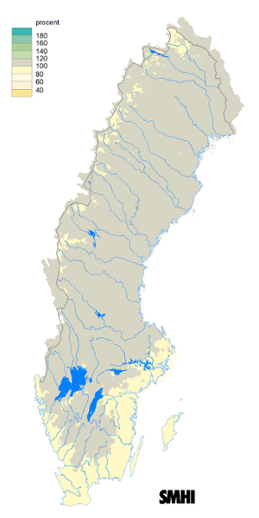 Karta över beräknad markvattenhalt i procent av den normala, 15 mars 2016.