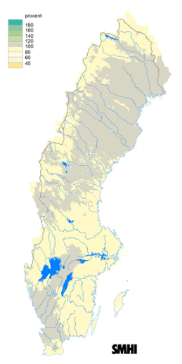 Karta över beräknad markvattenhalt i procent av den normala, 15 april 2016.