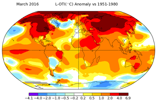 Global temperaturavvikelse för mars 2016