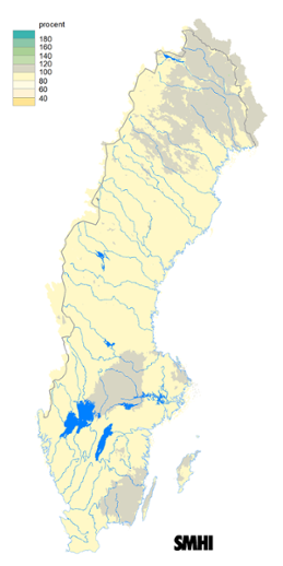 Karta över beräknad markvattenhalt i procent av den normala, 15 maj 2016.