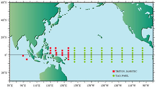 Figur 3. Geografisk fördelning av bojarna i TAO och TRITON arrayerna.