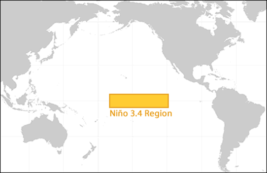 Figur 24a. Området Niño 3.4 som data presenteras för i figur 25b.