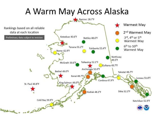 Maj 2016 blev mycket varm i Alaska.