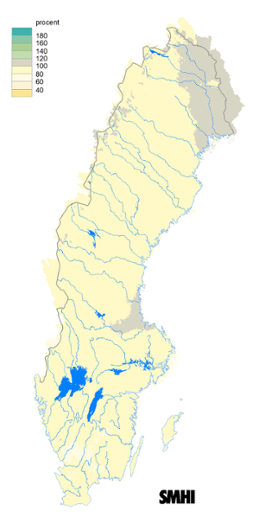 Karta över beräknad markvattenhalt i procent av den normala, 15 juni 2016.