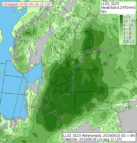 Ackumulerad nederbörd fredag kl. 14.00-lördag 14.00 enligt gårdagens nattkörning från det europeiska vädercentret.