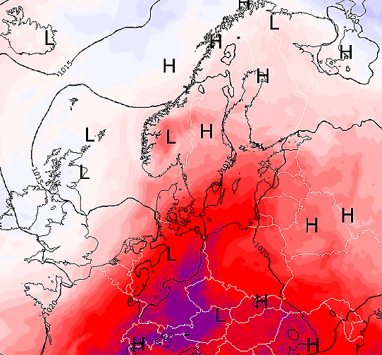 Bilden visar en prognos för midsommaraftons eftermiddag. I bilden syns hur mycket varm luft strömmat upp över Centraleuropa och in mot sydligaste Sverige. 