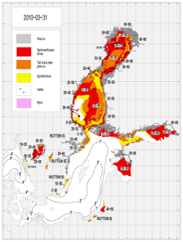 Karta över isutbredning och ytvattentemperatur i havet 31 mars 2010 