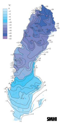Karta över medeltemperaturen i februari 2010. 