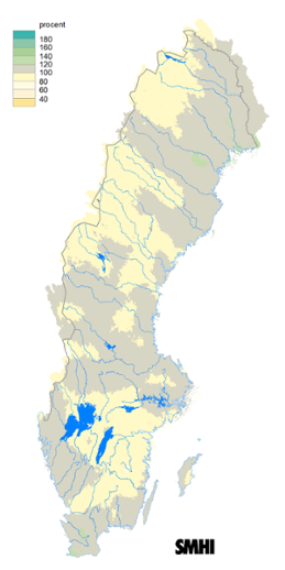 Karta över beräknad markvattenhalt i procent av den normala, 15 juli 2016.