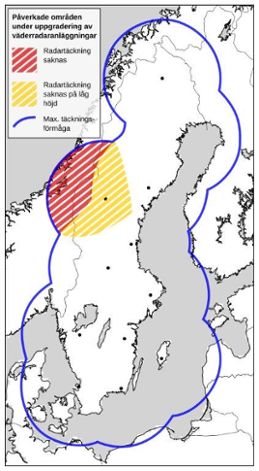 Väderradar Östersund - påverkade områden under uppgradering.