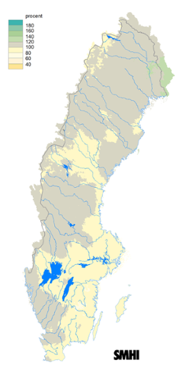 Karta över beräknad markvattenhalt i procent av den normala, 15 augusti 2016.