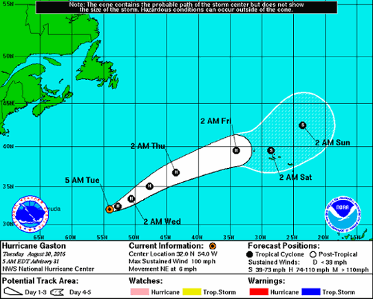 Prognoserad bana för den tropiska orkanen Gaston.