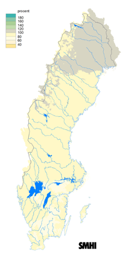 Karta över beräknad markvattenhalt i procent av den normala, 15 september 2016.